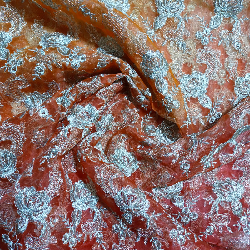 Dual Shade Of Red And Orange Color Embroidered Organza Fabric