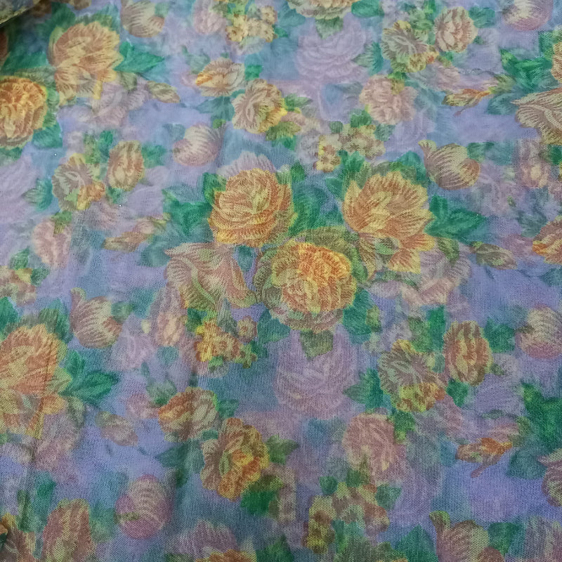 Ice Blue Color Floral Printed Net Fabric