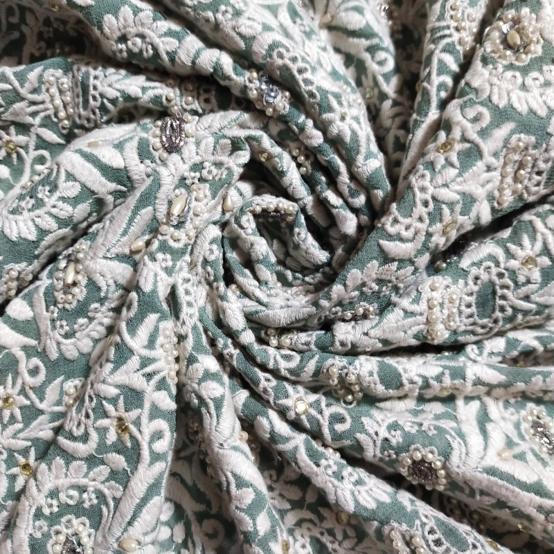 Teal Blue All Over Embroidered Georgette Fabric