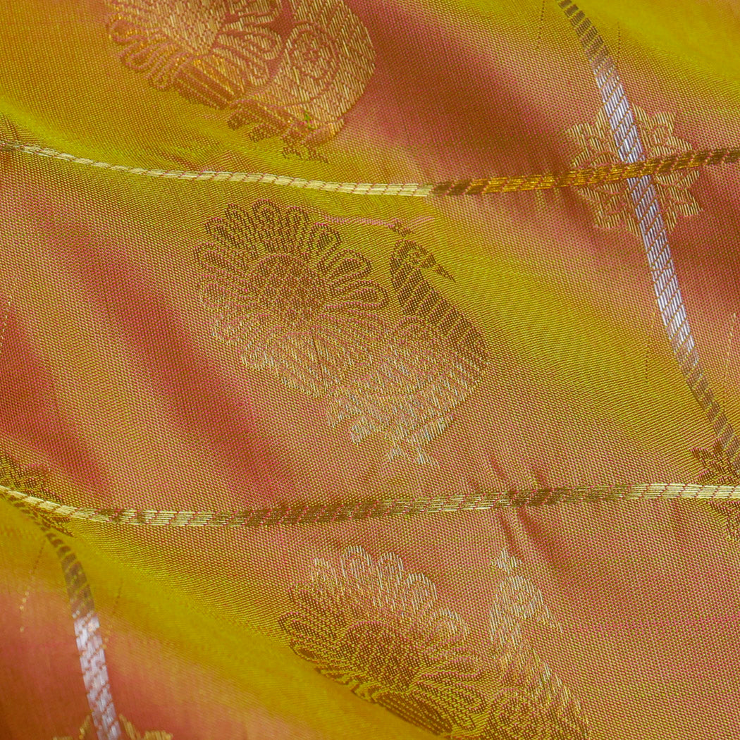 Orange Color Kanchi Silk Fabric With Checks Pattern