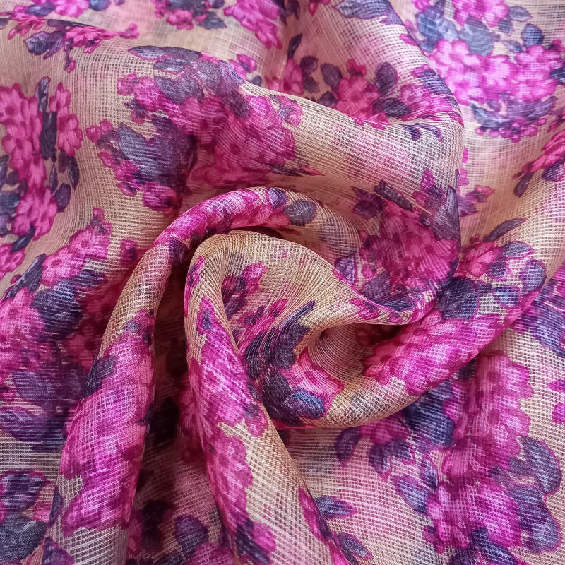 Cream Color Floral Printed Kota Silk Fabric