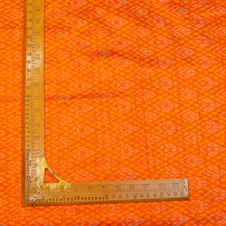 Bright Orange Color Dupion Silk Fabric With Ikat Design