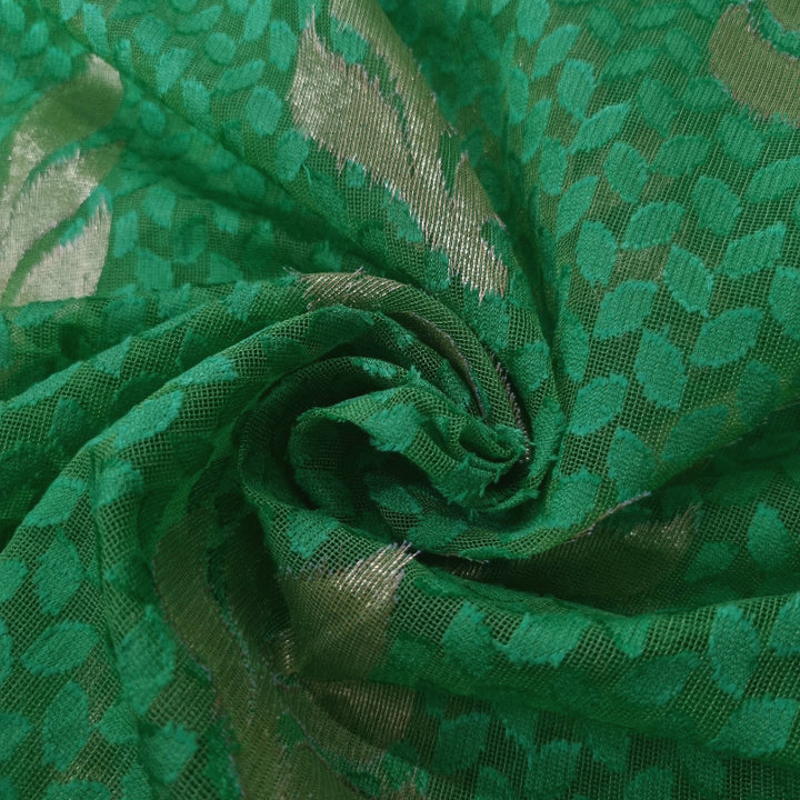 Green Color Self Designed Fancy Net Fabric With Golden Zari Weaving Butta