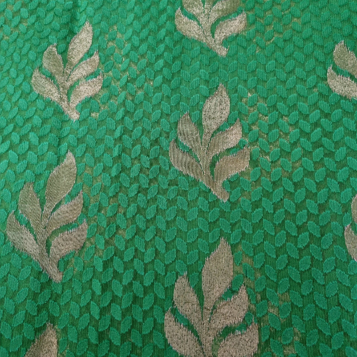Green Color Self Designed Fancy Net Fabric With Golden Zari Weaving Butta