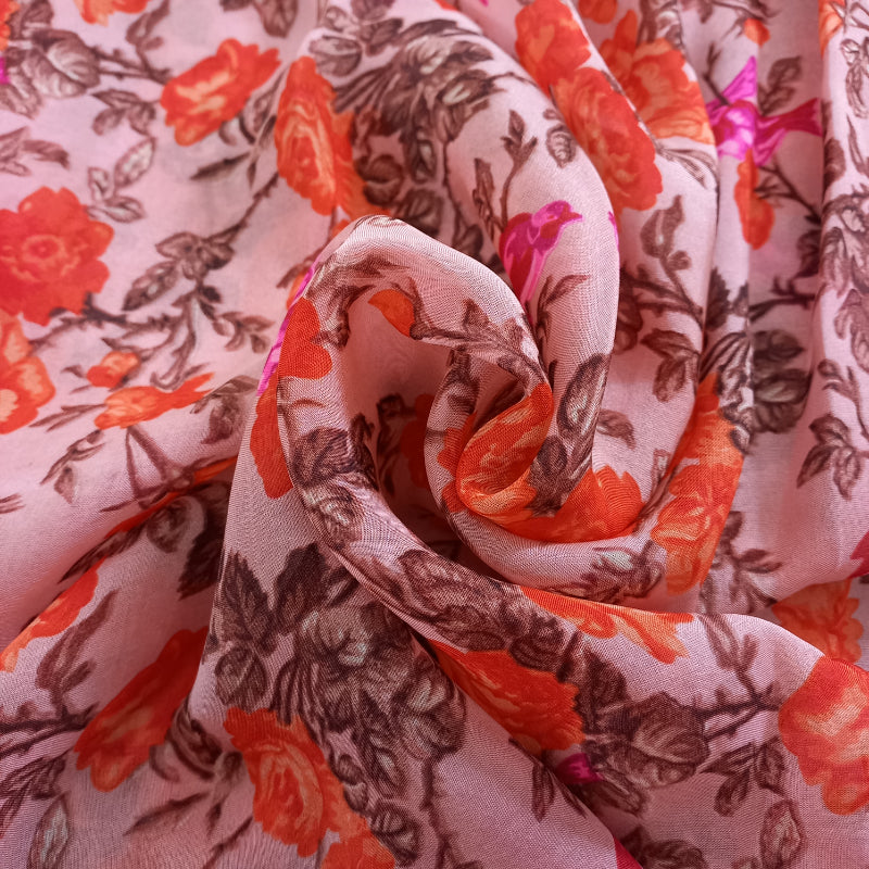 Pink Color Floral Printed Silk Fabric