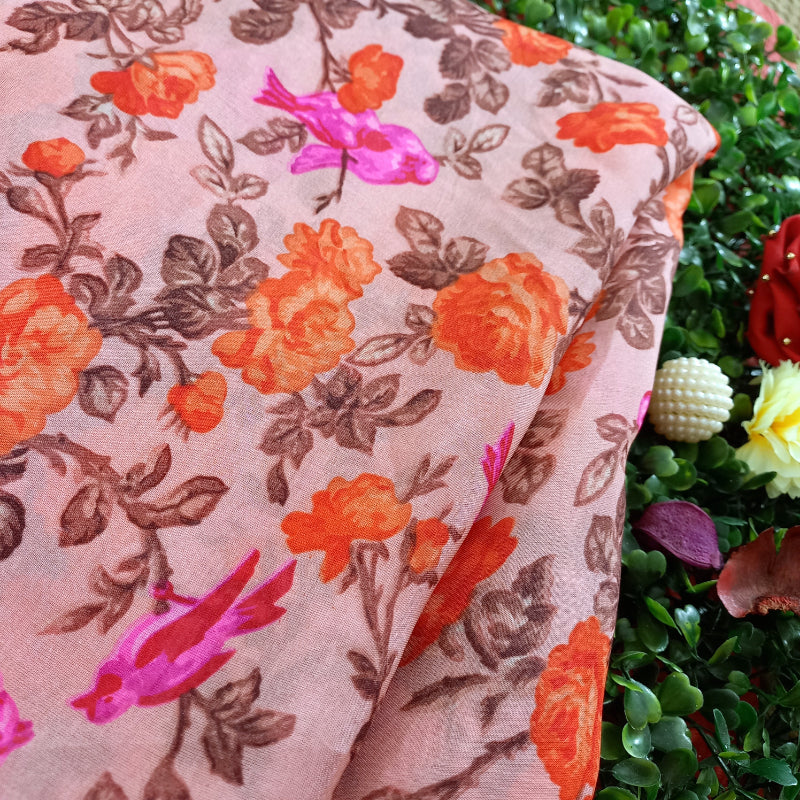 Pink Color Floral Printed Silk Fabric