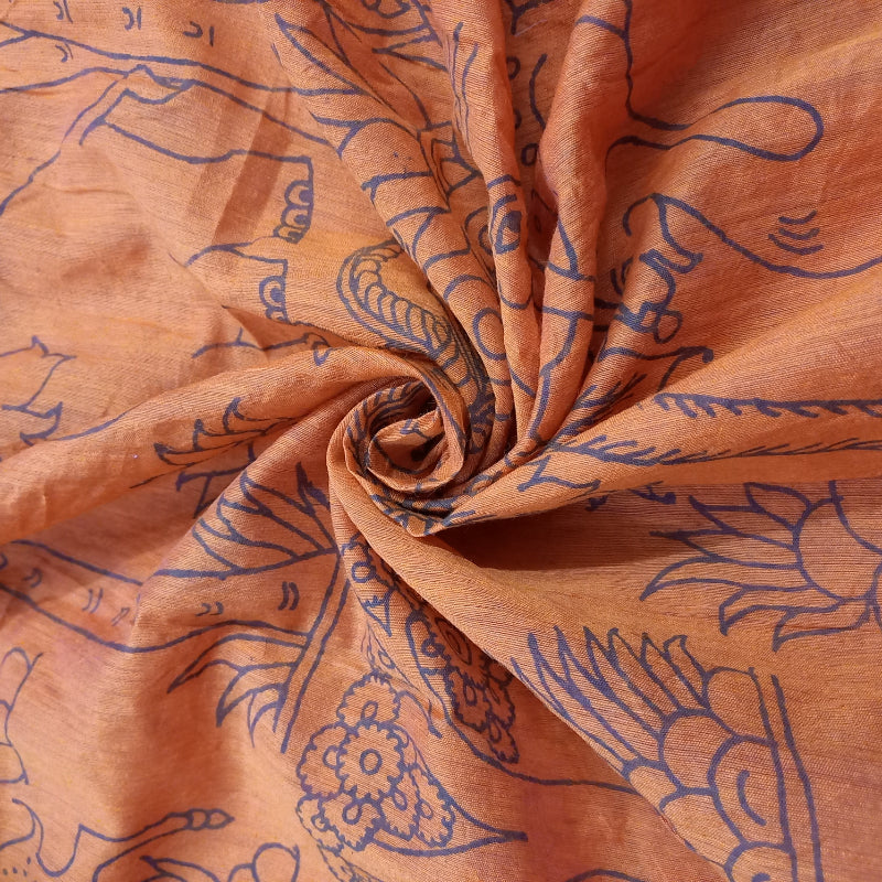 Orange color Animal Printed Chanderi fabric