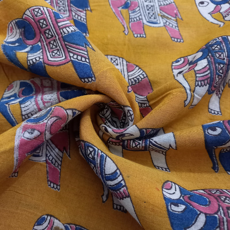 Medallion Yellow Color Elephant Motif Printed Cotton Fabric