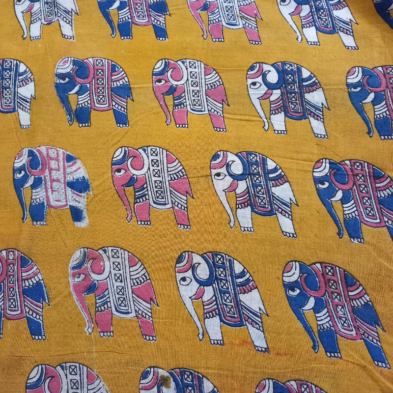 Medallion Yellow Color Elephant Motif Printed Cotton Fabric