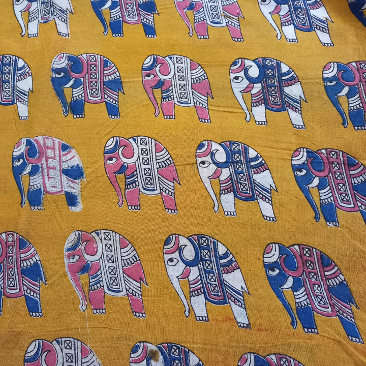 Medallion Yellow Color Elephant Motif Printed Cotton Fabric