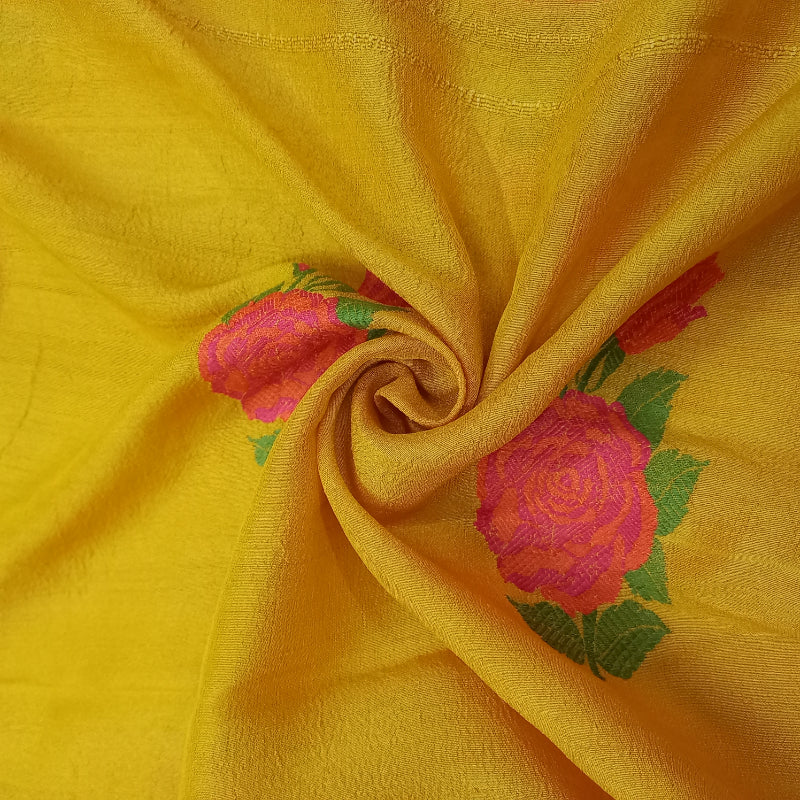 Golden Yellow Tussar Fabric With Floral Thread Embroidery