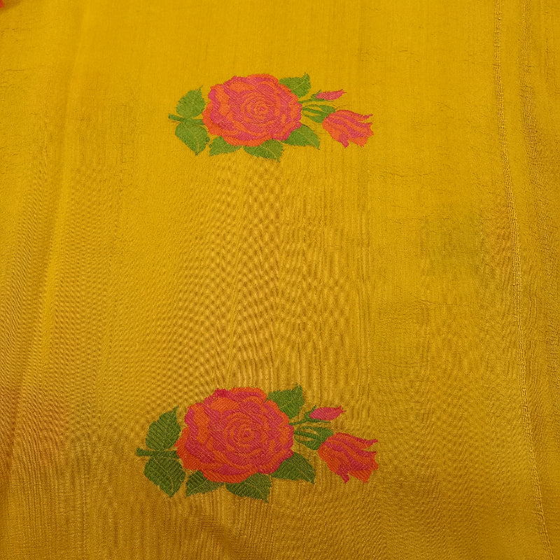 Golden Yellow Tussar Fabric With Floral Thread Embroidery