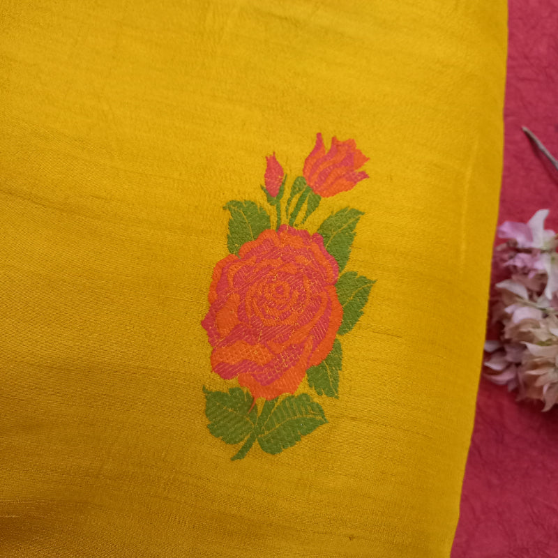 Golden Yellow Tussar Fabric With Floral Thread Embroidery