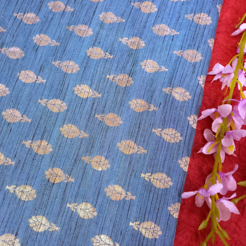 Sky Blue Colour Tussar Jamawar Fabric With Floral Buttas