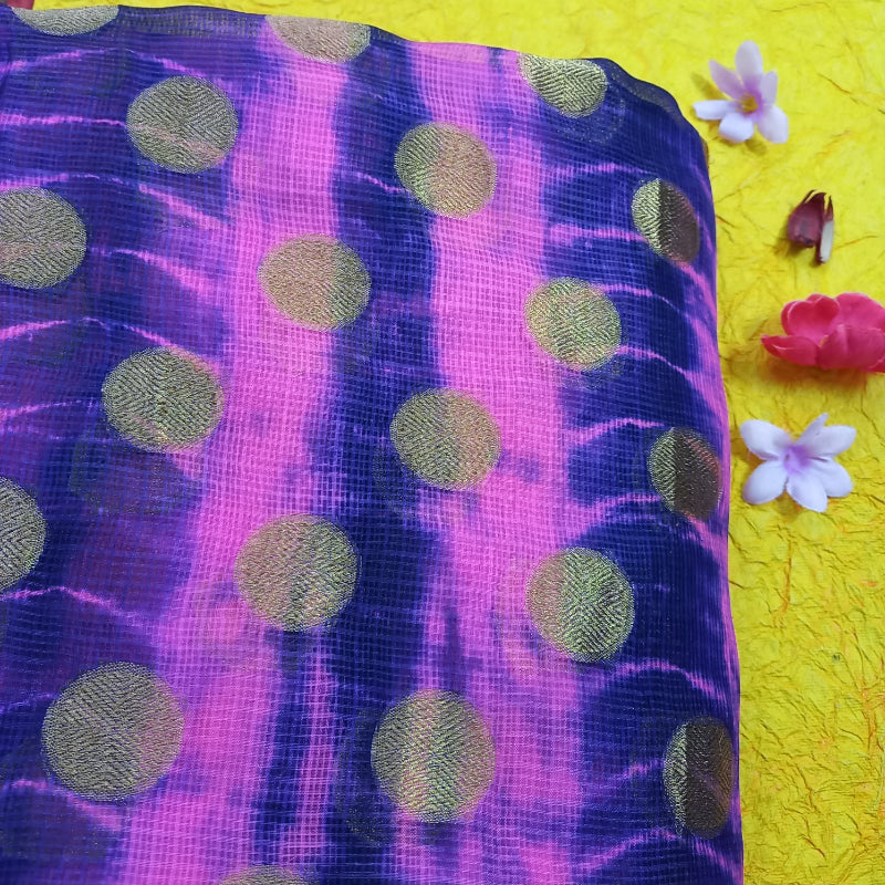 Hot Pink Color Tie and Dye Effect Zari Kota Silk Fabric