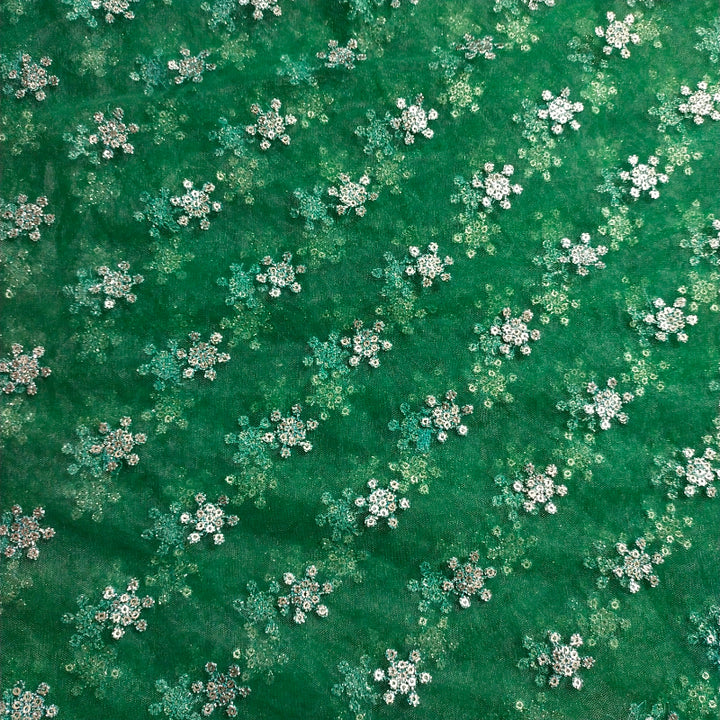 Dark Green Embroidered Net Fabric