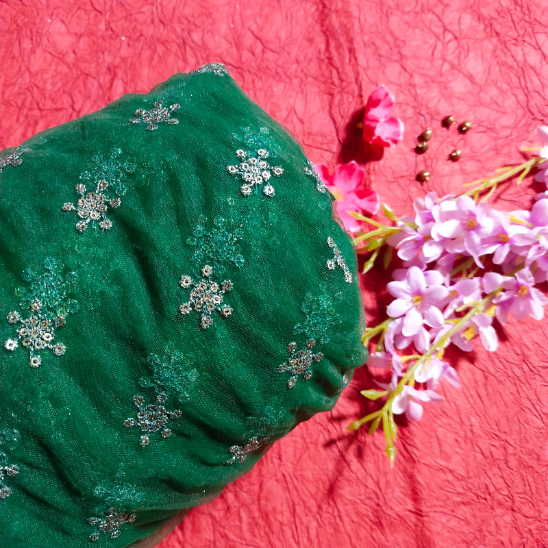 Dark Green Embroidered Net Fabric