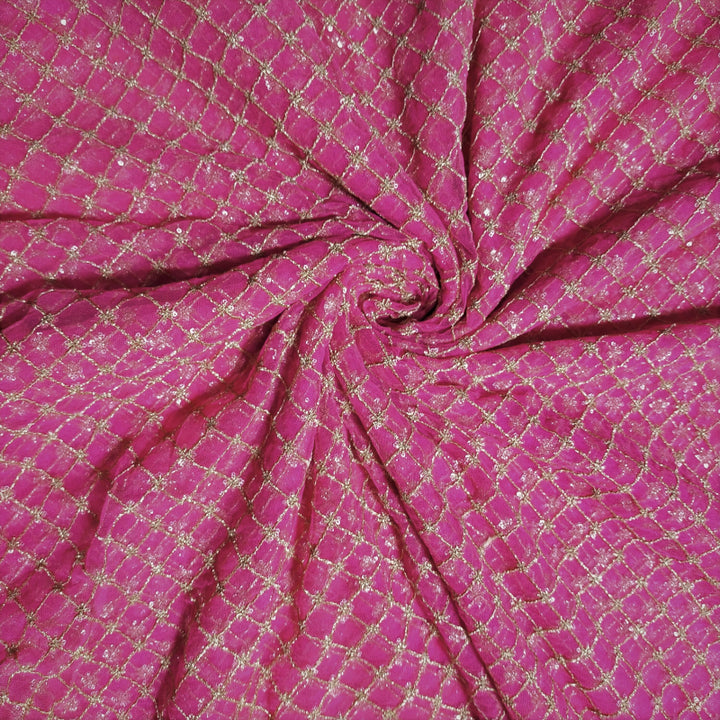 Fuchsia Pink Embroidered Net Fabric