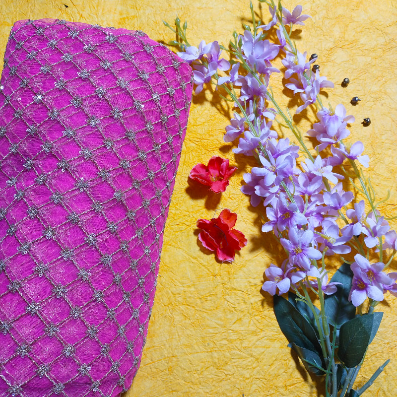 Fuchsia Pink Embroidered Net Fabric