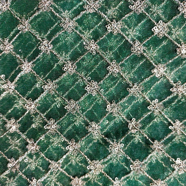 Bottle Green Embroidered Net Fabric