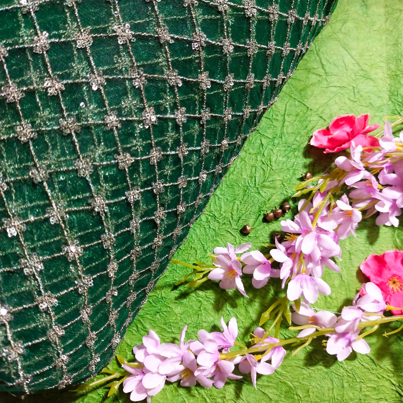 Bottle Green Embroidered Net Fabric