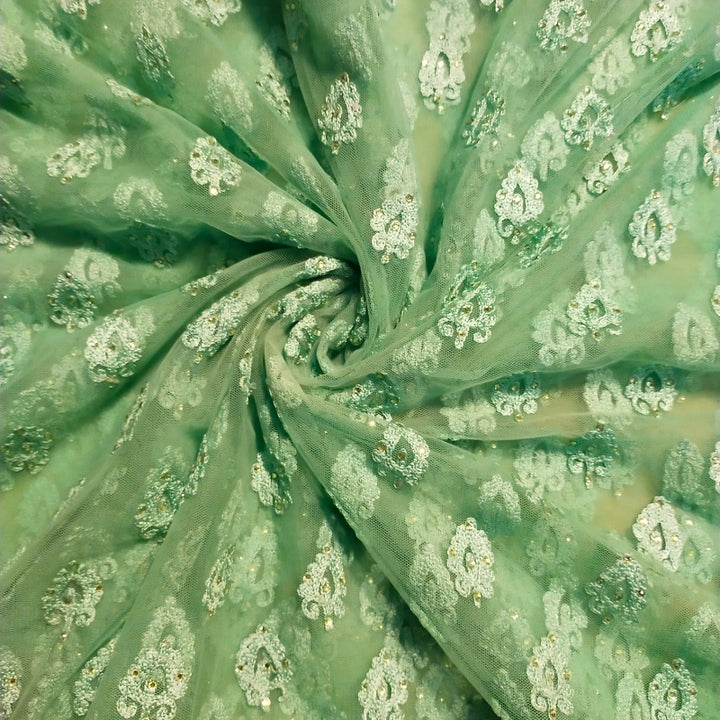 Pista Green Embroidered Net Fabric