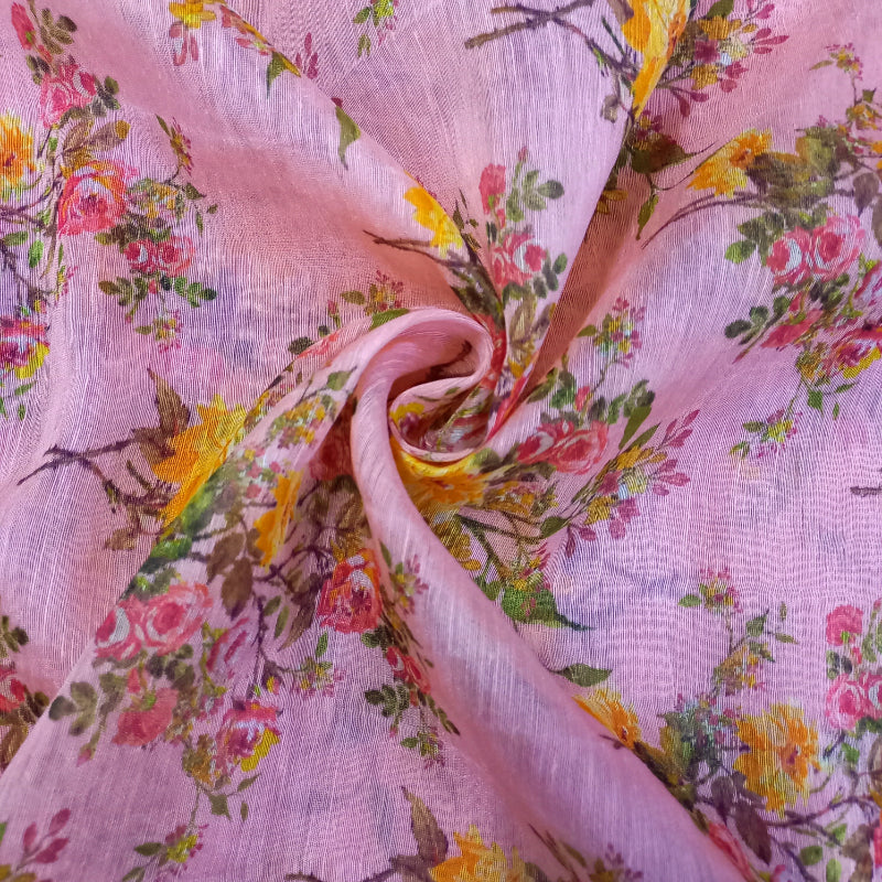 Peach Pink Color Floral Flower Linen Printed Fabric