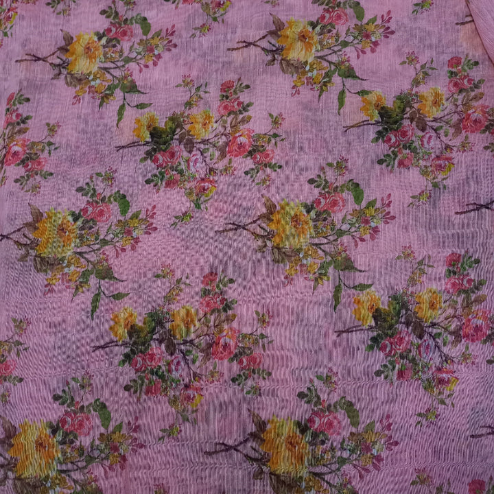 Peach Pink Color Floral Flower Linen Printed Fabric