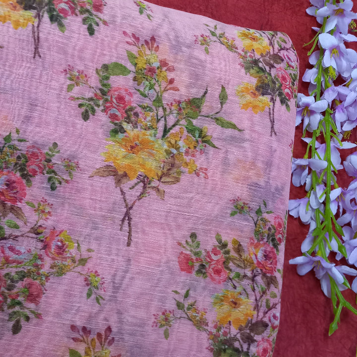 Peach Pink Color Floral Flower Linen Printed Fabric