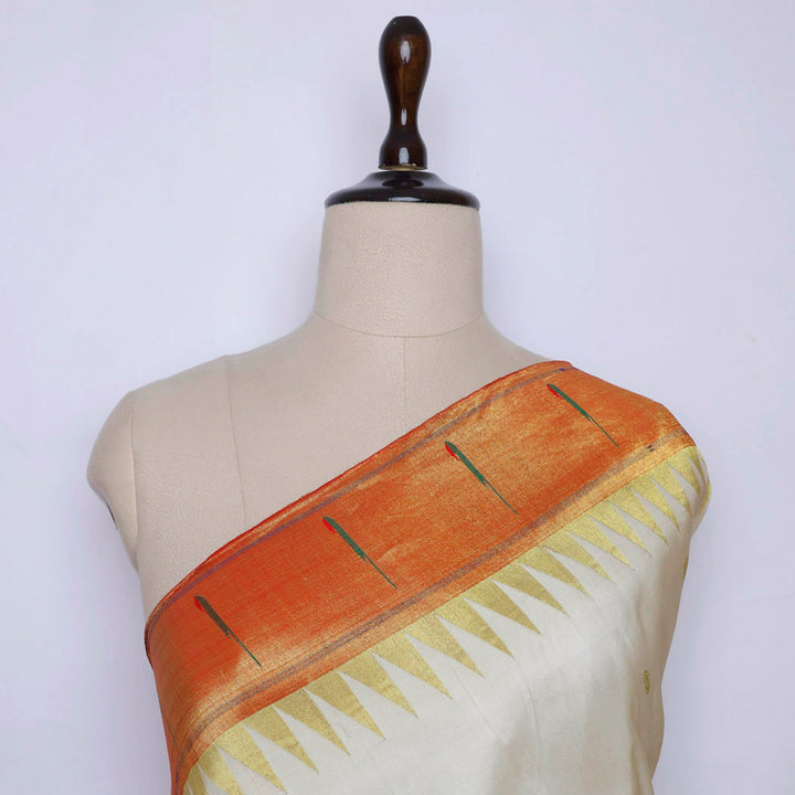 Off-White Color Silk Fabric With Paithani Border