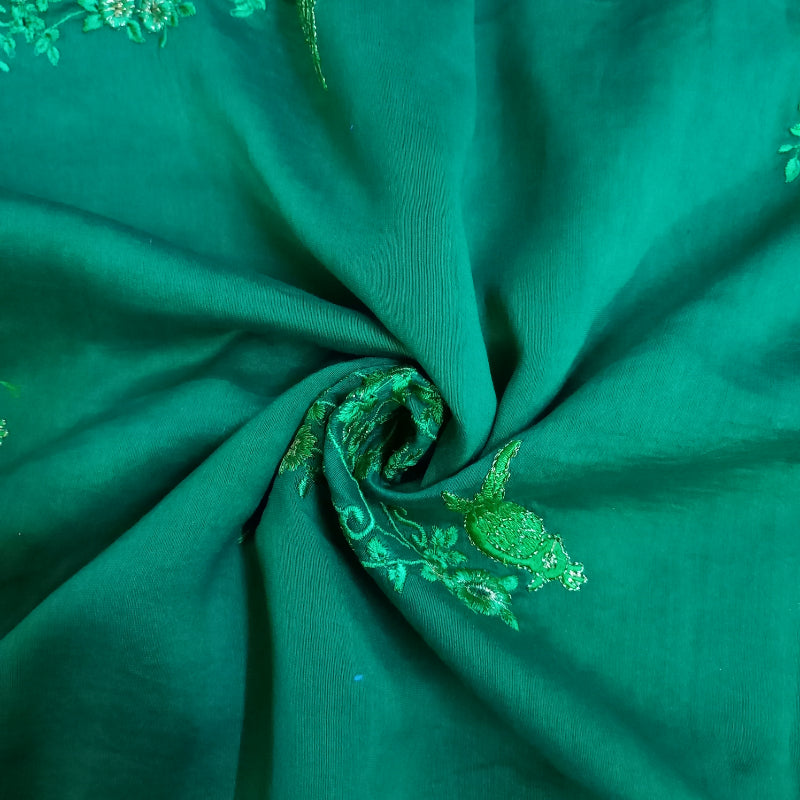 Leaf Green Embroidered Chanderi Fabric