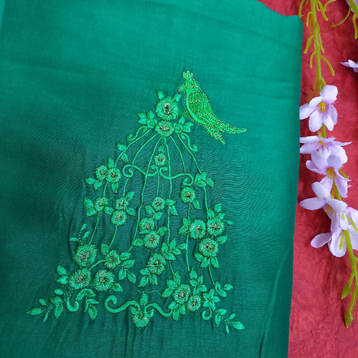 Leaf Green Embroidered Chanderi Fabric
