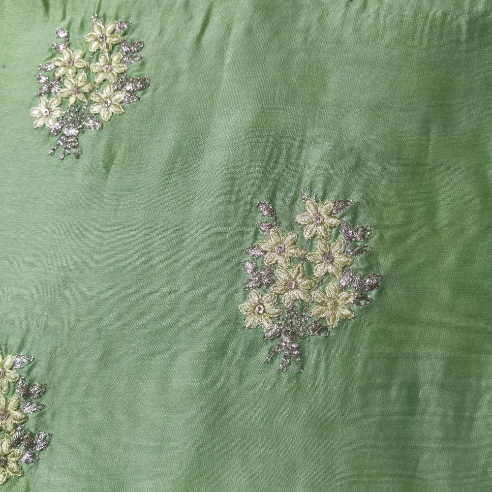 Pista Green Color Embroidered Chanderi Fabric
