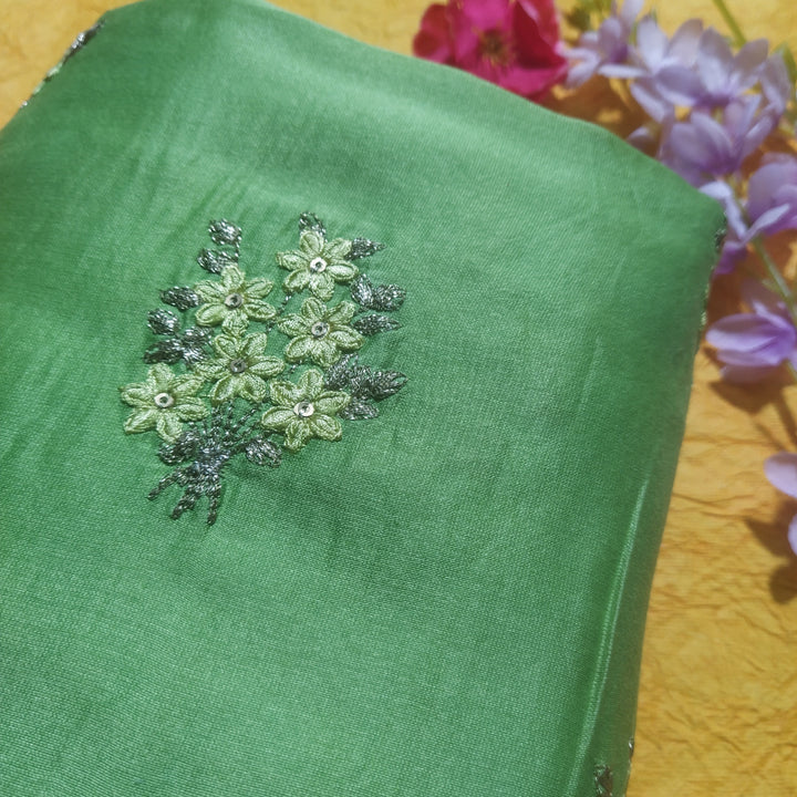 Pista Green Color Embroidered Chanderi Fabric