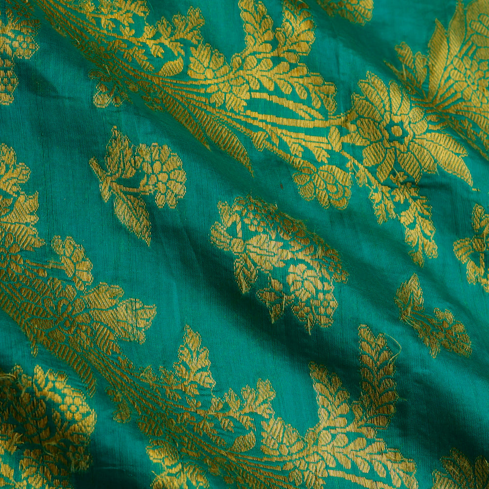 Teal Green Color Silk Fabric With Floral Pattern