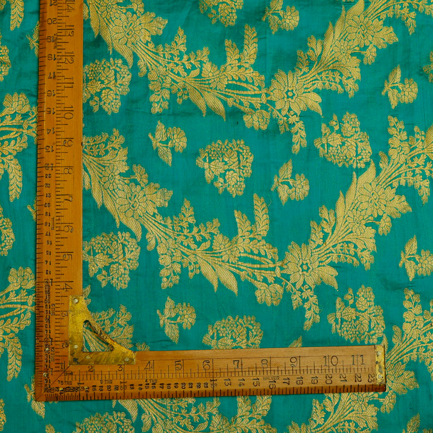Teal Green Color Silk Fabric With Floral Pattern