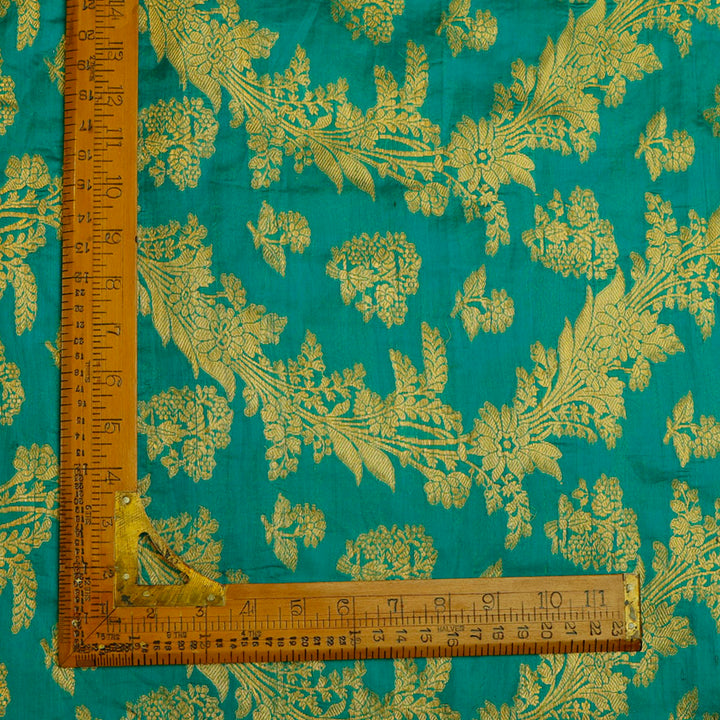 Teal Green Color Silk Fabric With Floral Pattern