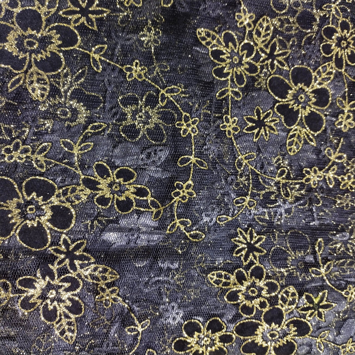 Coal Black Glittering Floral Jaal Textured Fancy Net Fabric
