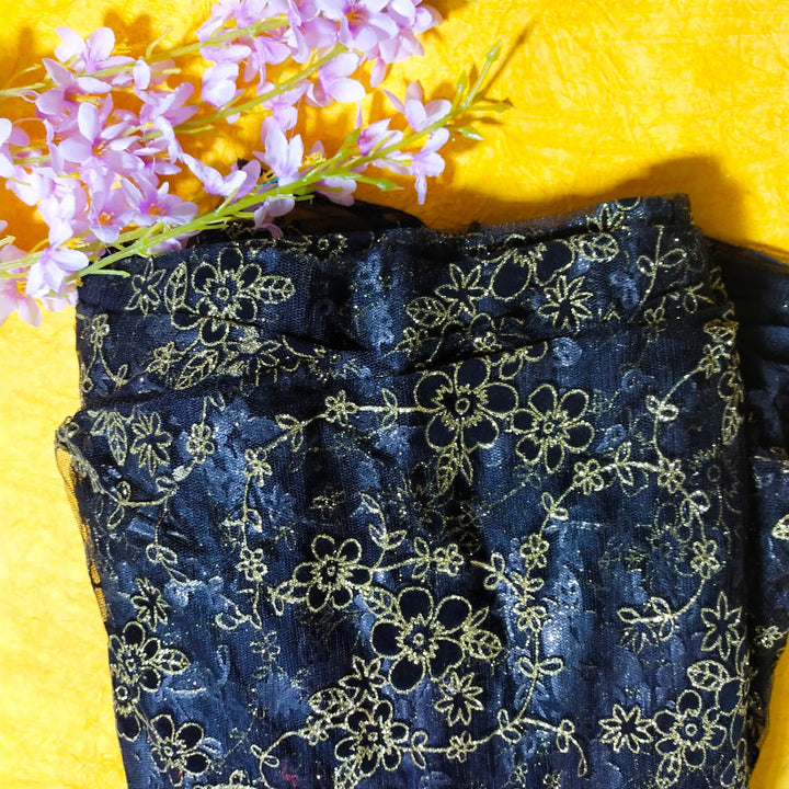 Coal Black Glittering Floral Jaal Textured Fancy Net Fabric