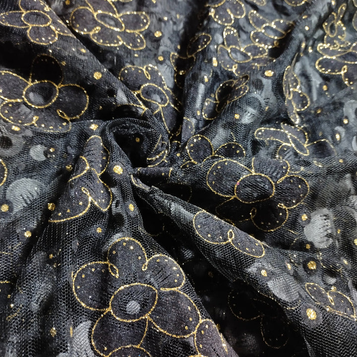 Coal Black Glittering Floral Textured Fancy Net Fabric