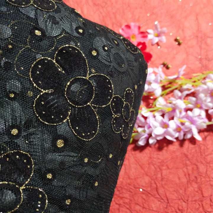 Coal Black Glittering Floral Textured Fancy Net Fabric