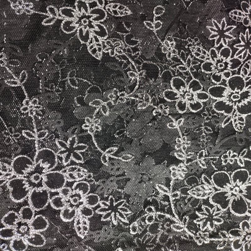 Coal Black Glittering Floral Jaal Textured Fancy Net Fabric