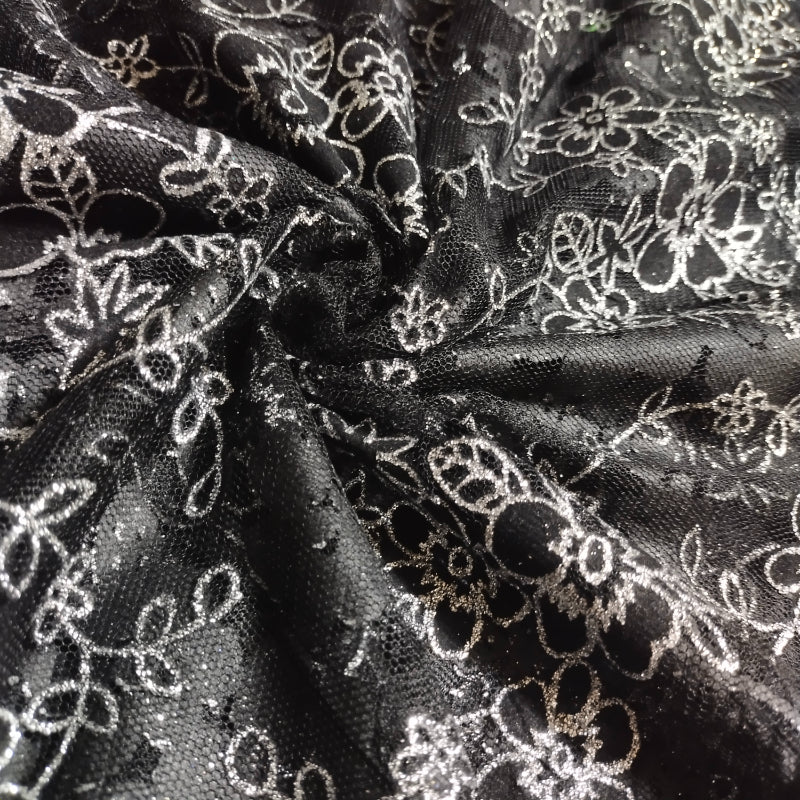 Coal Black Glittering Floral Jaal Textured Fancy Net Fabric