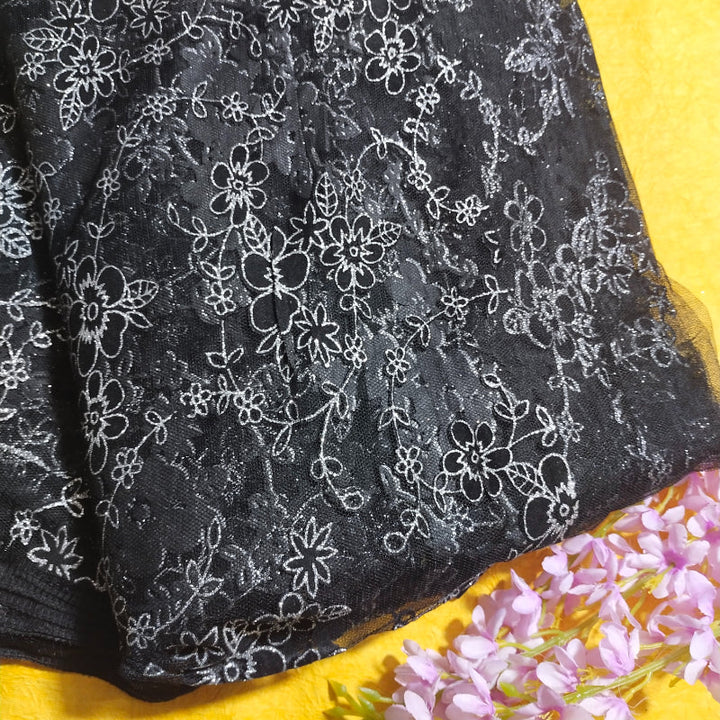 Coal Black Glittering Floral Jaal Textured Fancy Net Fabric