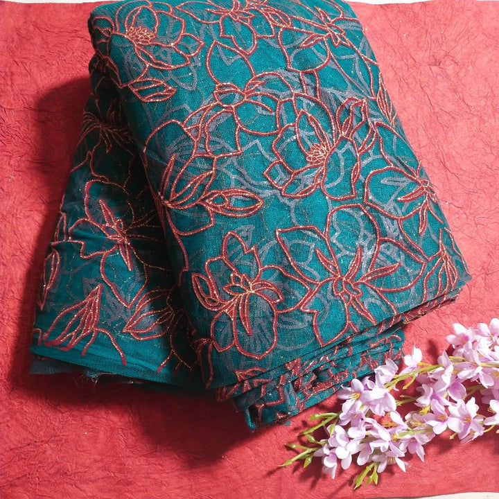 Prussian Blue Floral Textured Fancy Net Fabric