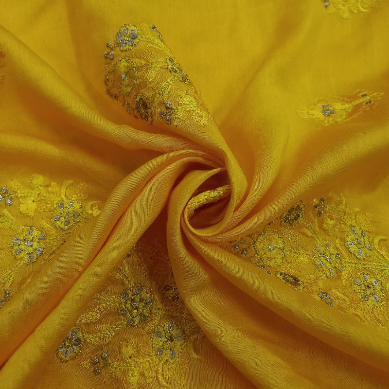 Canaray Yellow Color Chanderi Embroidery Fabric With Floral Motifs
