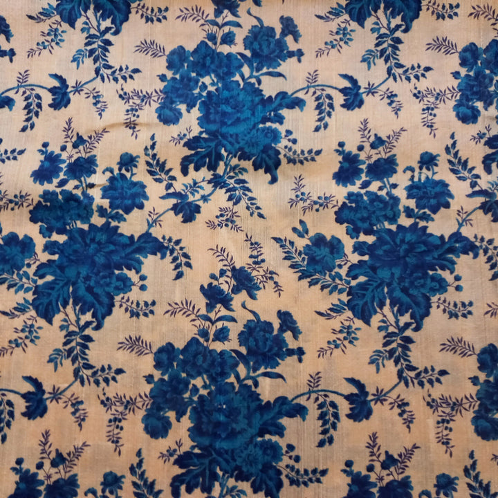 Blue And White Floral Printed Dupion Silk Fabric