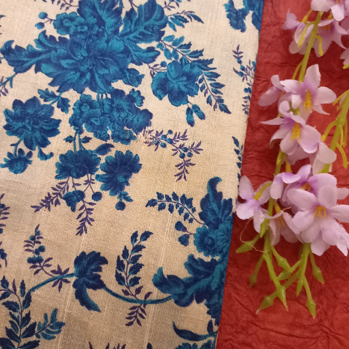 Blue And White Floral Printed Dupion Silk Fabric