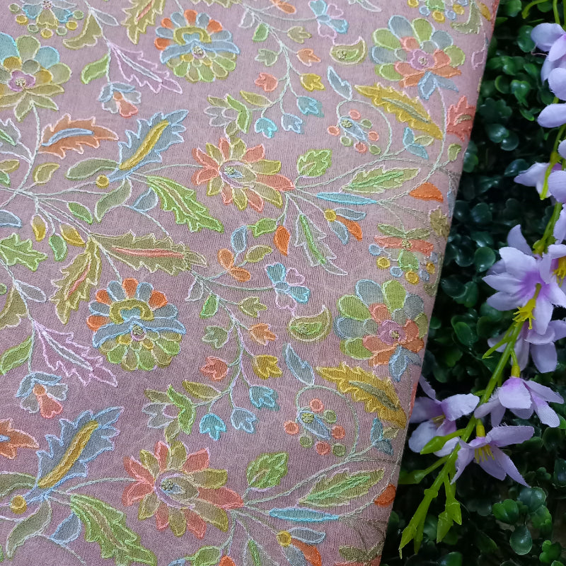 Peach Pink Colour Chanderi Fabric With Floral Embroidery