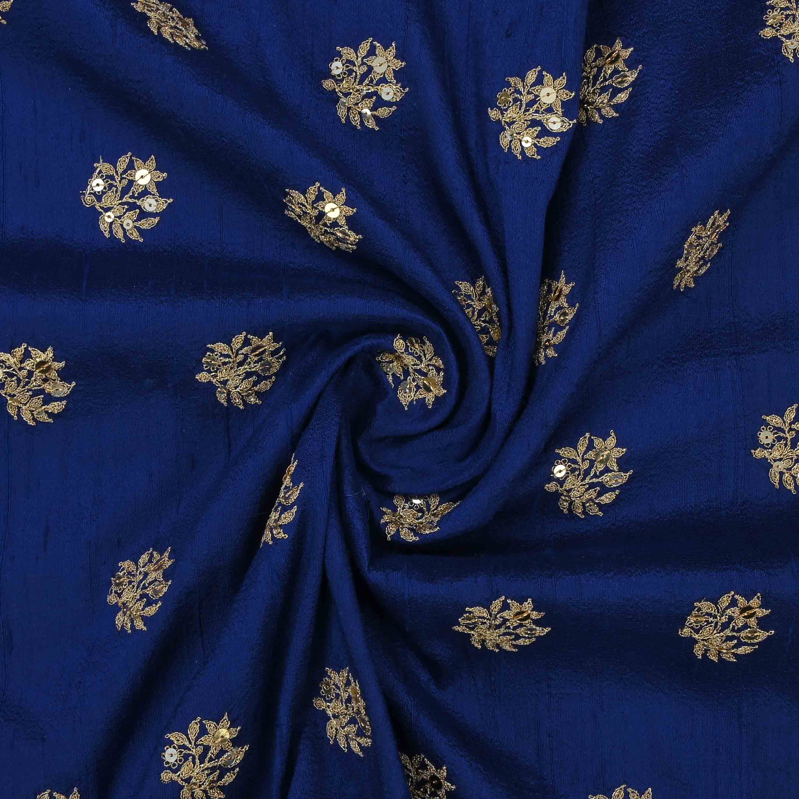 Royal Blue Raw Silk Embroidered Fabric